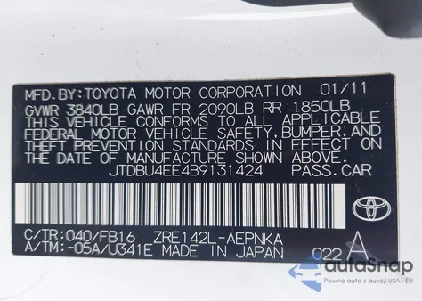 2011 Toyota Corolla Le z USA, uszkodzony, nr VIN JTDBU4EE4B9131424